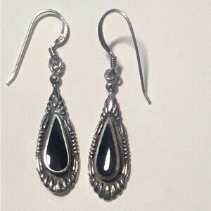 925 Silver Black Onyx Teardrop Earrings SU Mark Scalloped Rope Bezel Dangle Drop